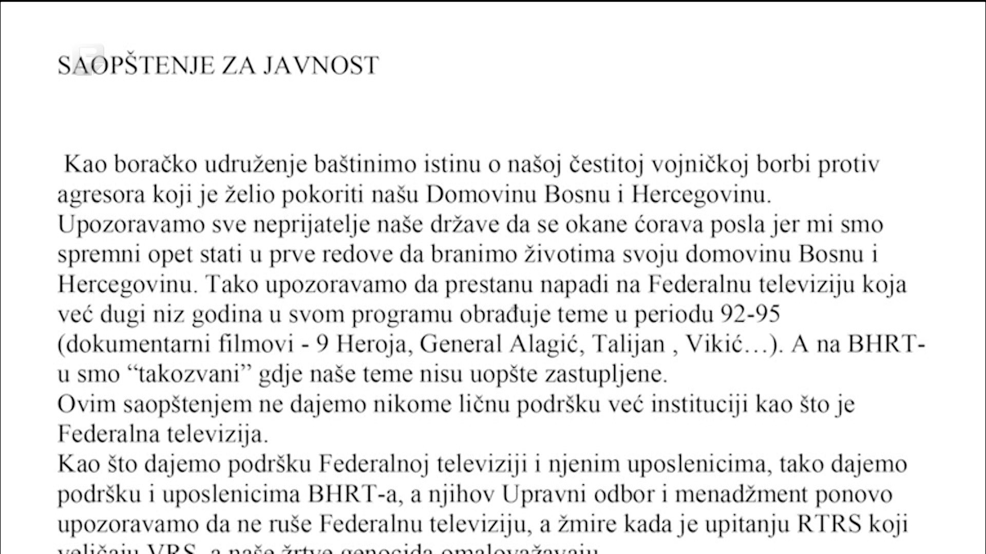 Podrška Federalnoj TV stiže i od Udruženja Prva dobrinjska brigada